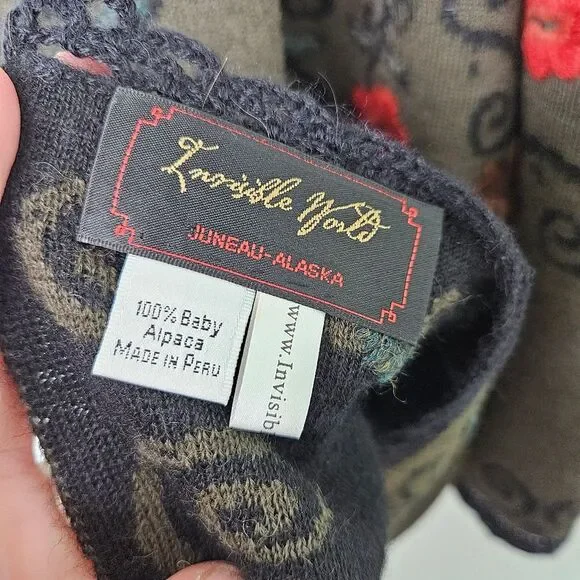 Invisible World, Embroidered Shawl with Floral Patterns, Olive And Black, Alpaca